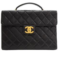 Retro Chanel Black Caviar Quilted Leather Large Briefcase Hand Bag