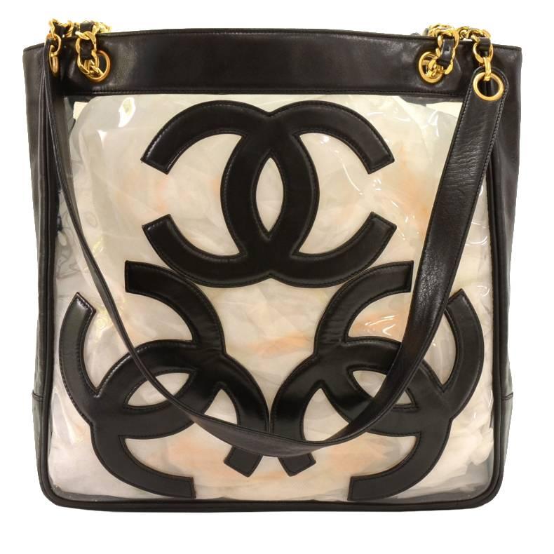 Chanel Triple CC Black Leather x Clear Vinyl Medium Shoulder Tote Bag