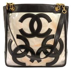 Retro Chanel Triple CC Black Leather x Clear Vinyl Medium Shoulder Tote Bag