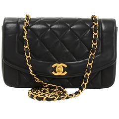 1990's Chanel Black Quilted Lambskin Vintage Diana Classic Single Flap Bag