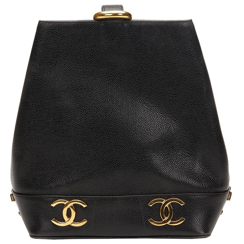 1990's Chanel Black Caviar Leather Vintage Bucket Bag