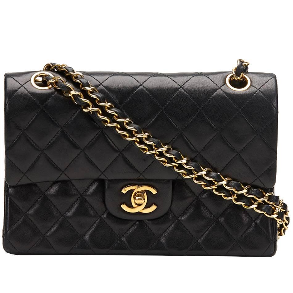1980's Chanel Black Quilted Lambskin Vintage Small Classic Double Flap Bag