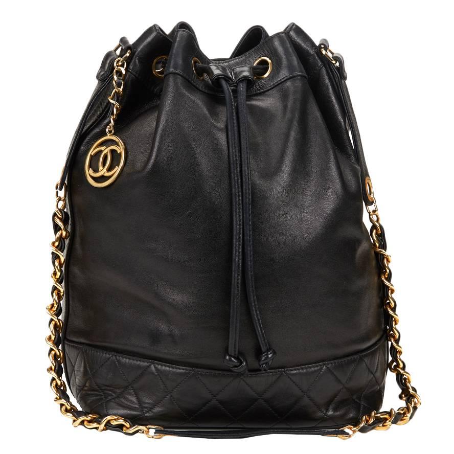 1990's Chanel Black Quilted Lambskin Vintage Bucket Bag