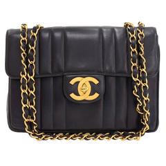 1990's Chanel Black Vertical Quilted Lambskin Retro Jumbo XL Flap Bag