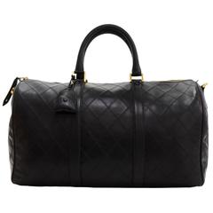 2000's Chanel Black Quilted Lambskin Vintage Boston Travel Bag