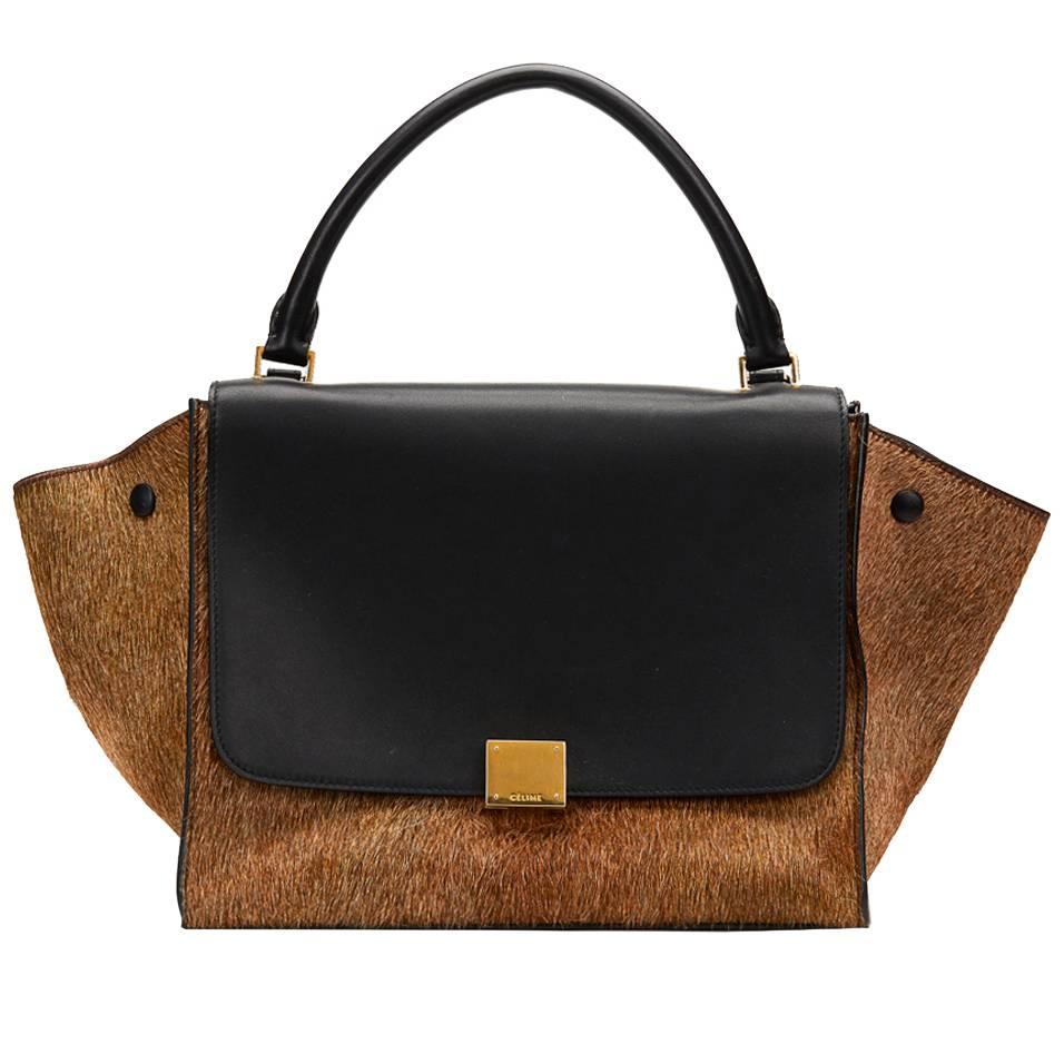 2012 Céline Black Smooth Leather & Brown Pony Fur Medium Trapeze