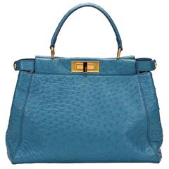 2000s Fendi Blue Ostrich Leather Small Peekaboo