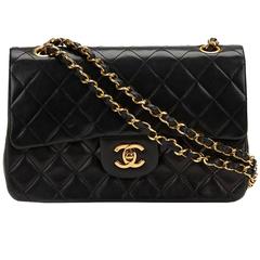 1980s Chanel Black Quilted Lambskin Vintage Small Classic Double Flap Bag