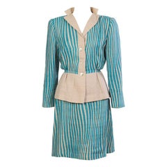 Vintage Pauline Trigere Graphic Turquoise Linen Suit