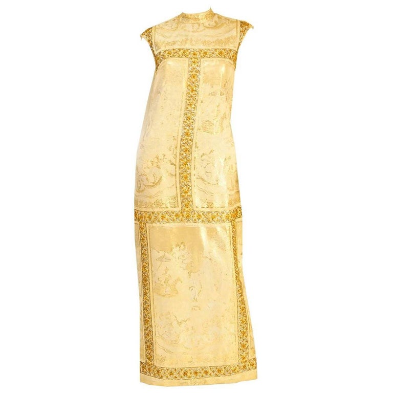 Asian Print Gold Lame Brocade Gown, 1960s For Sale at 1stDibs gold