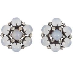 Used  Kenneth Jay Lane spectacular grey cabuchon and clear paste earrings, 1960s