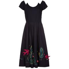 1950s Marjorie Montgomery Black Cotton Novelty 3D Hand Painted Fish Print Dress 9