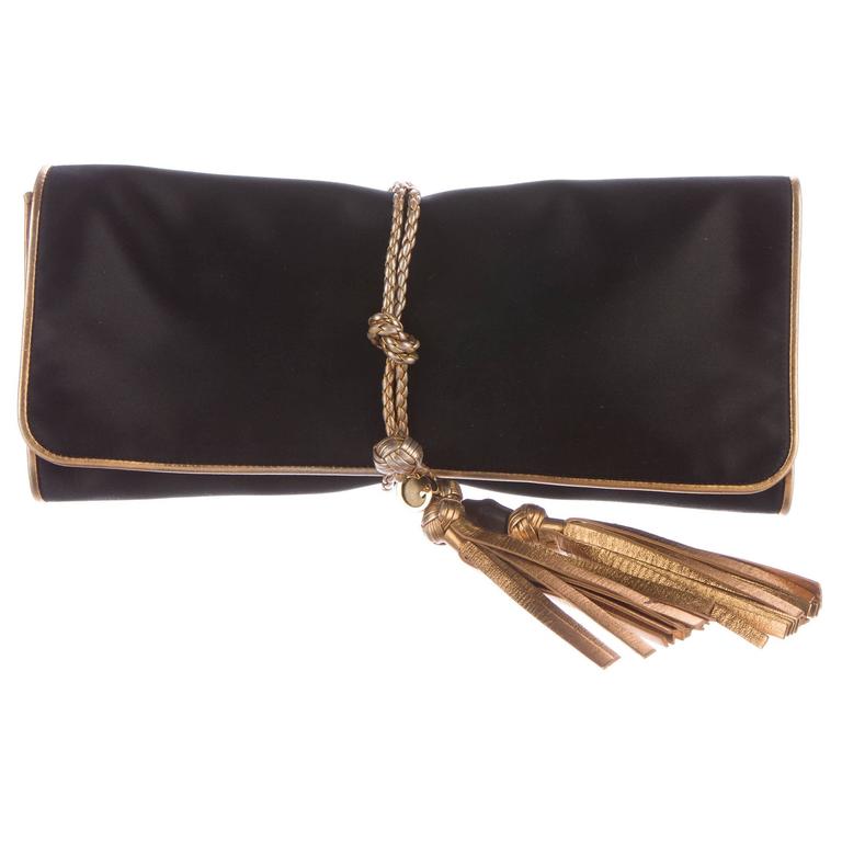Gucci Black Gold Fold Over Roll Tassel Evening Envelope Clutch Flap Bag at 1stdibs