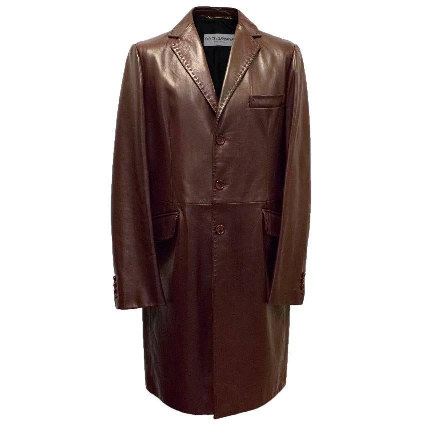 Dolce & Gabbana Mens Burgundy Leather Long Coat For Sale