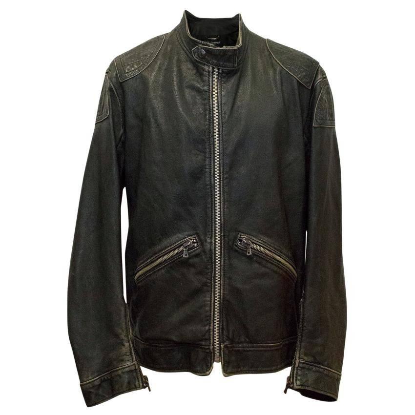 Dolce & Gabbana Black Distressed Leather Bomber Jacket