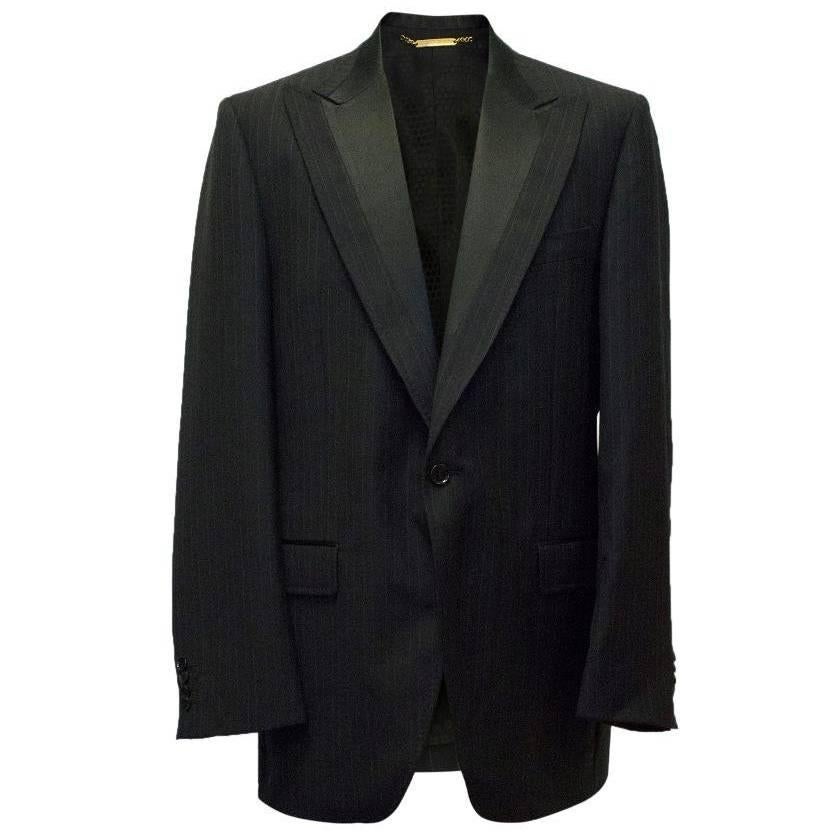 Dolce & Gabbana Black Pinstripe Blazer with Silk Lapel For Sale