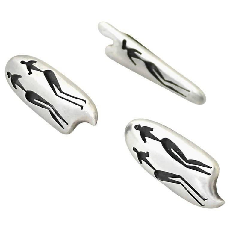 Antonio Pineda Sterling Silver Cufflinks and Tie Clip For Sale