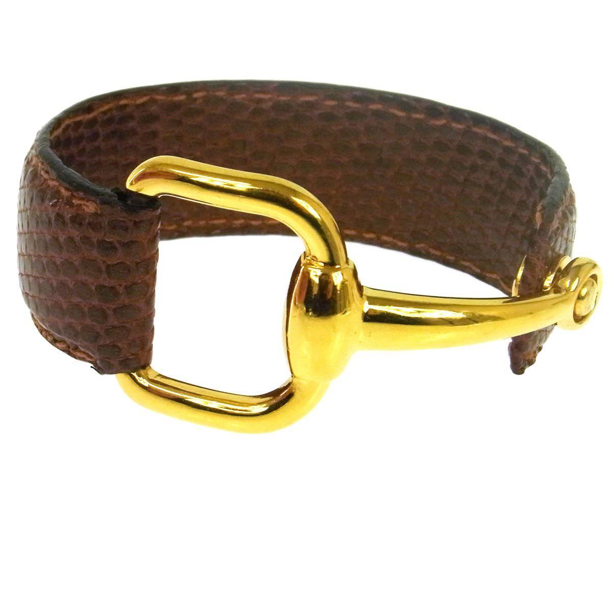 Gucci Horsebit Gold Cognac Brown Lizard Leather Men's Women's Cuff Bracelet