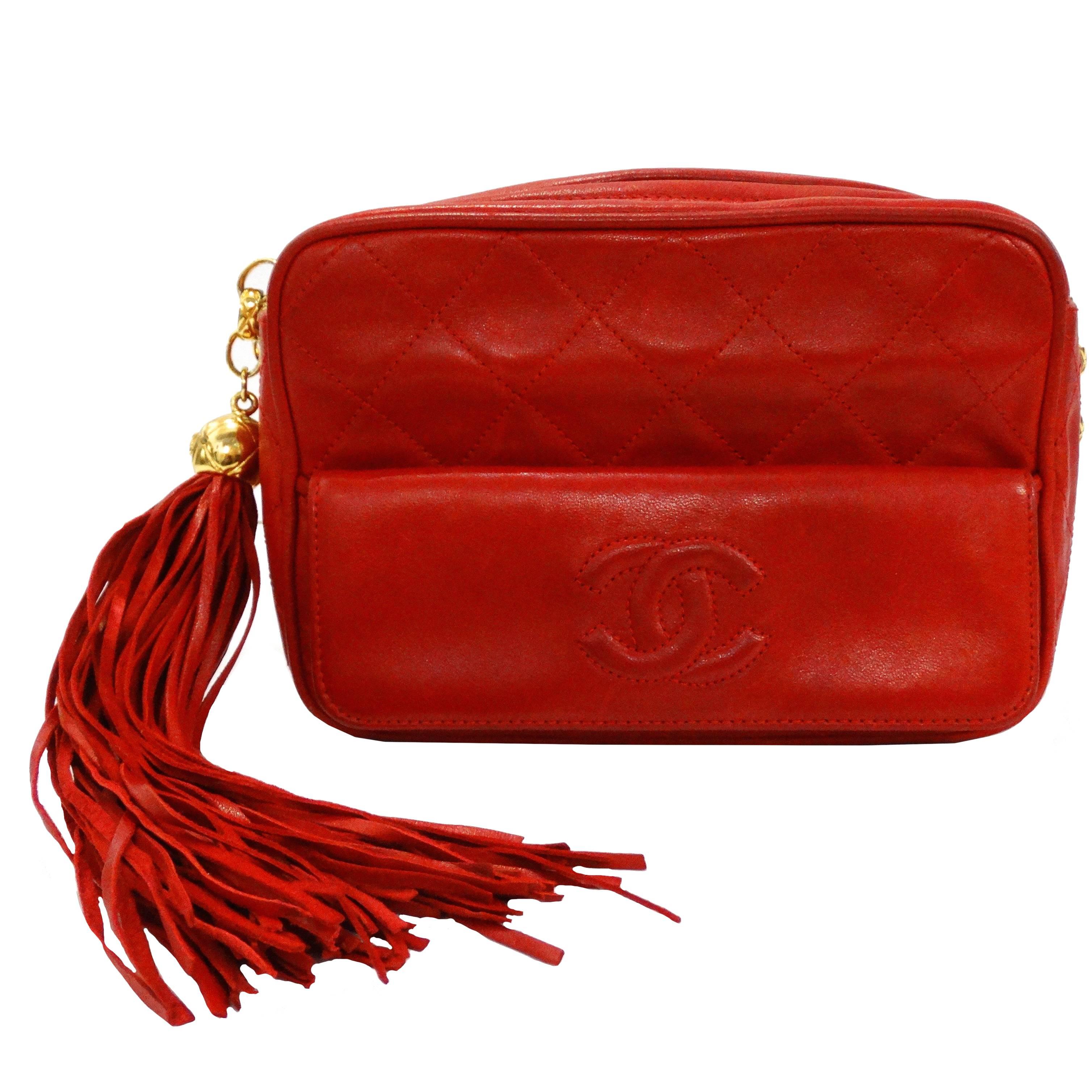 Chanel Lipstick Red Quilted Lambskin Camera Bag with Tassel 