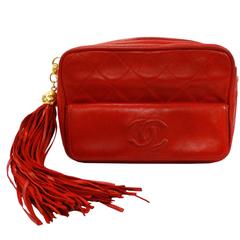 Vintage Chanel Lipstick Red Quilted Lambskin Camera Bag with Tassel 