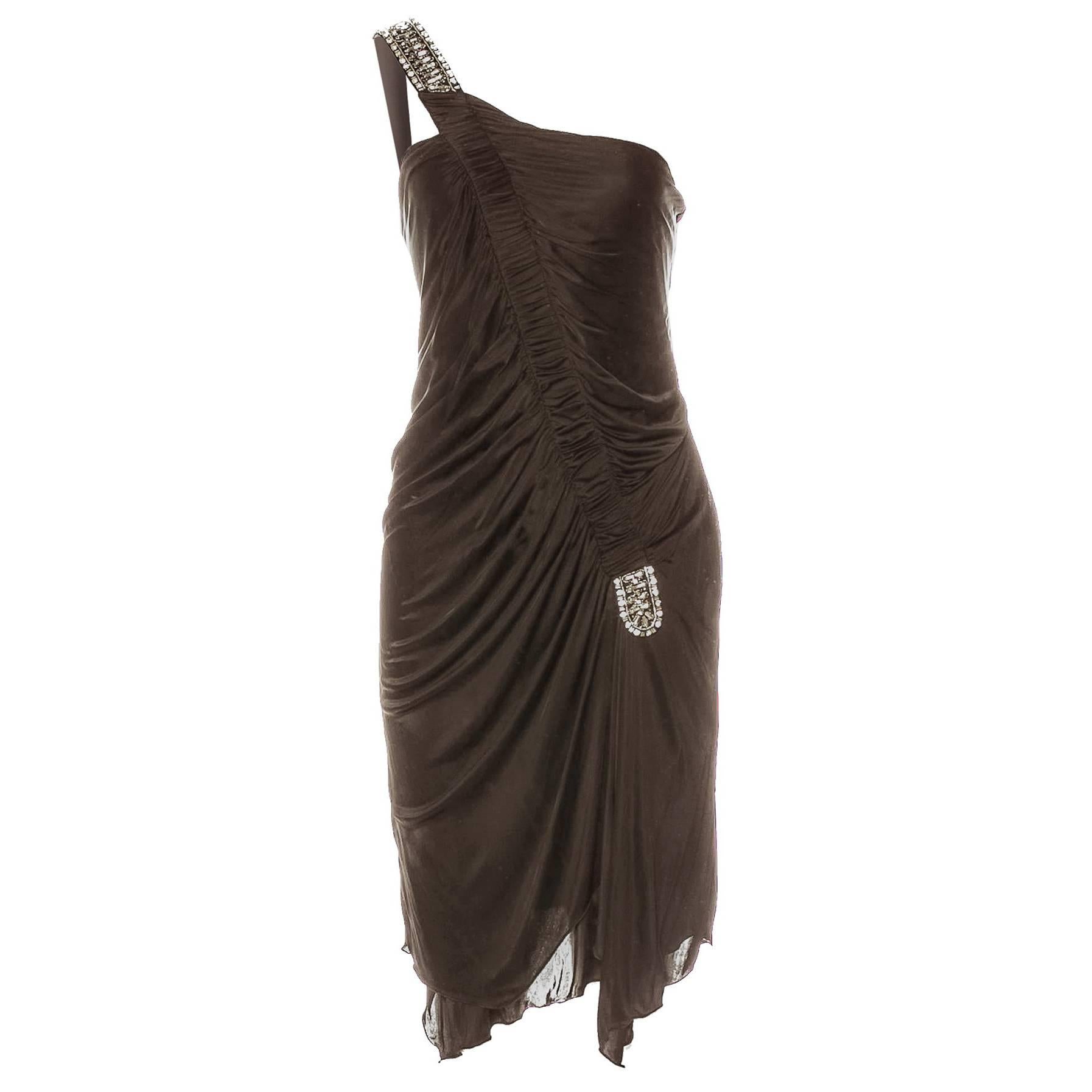 Roberto Cavalli Bronze Ruched One Shoulder Dress 
