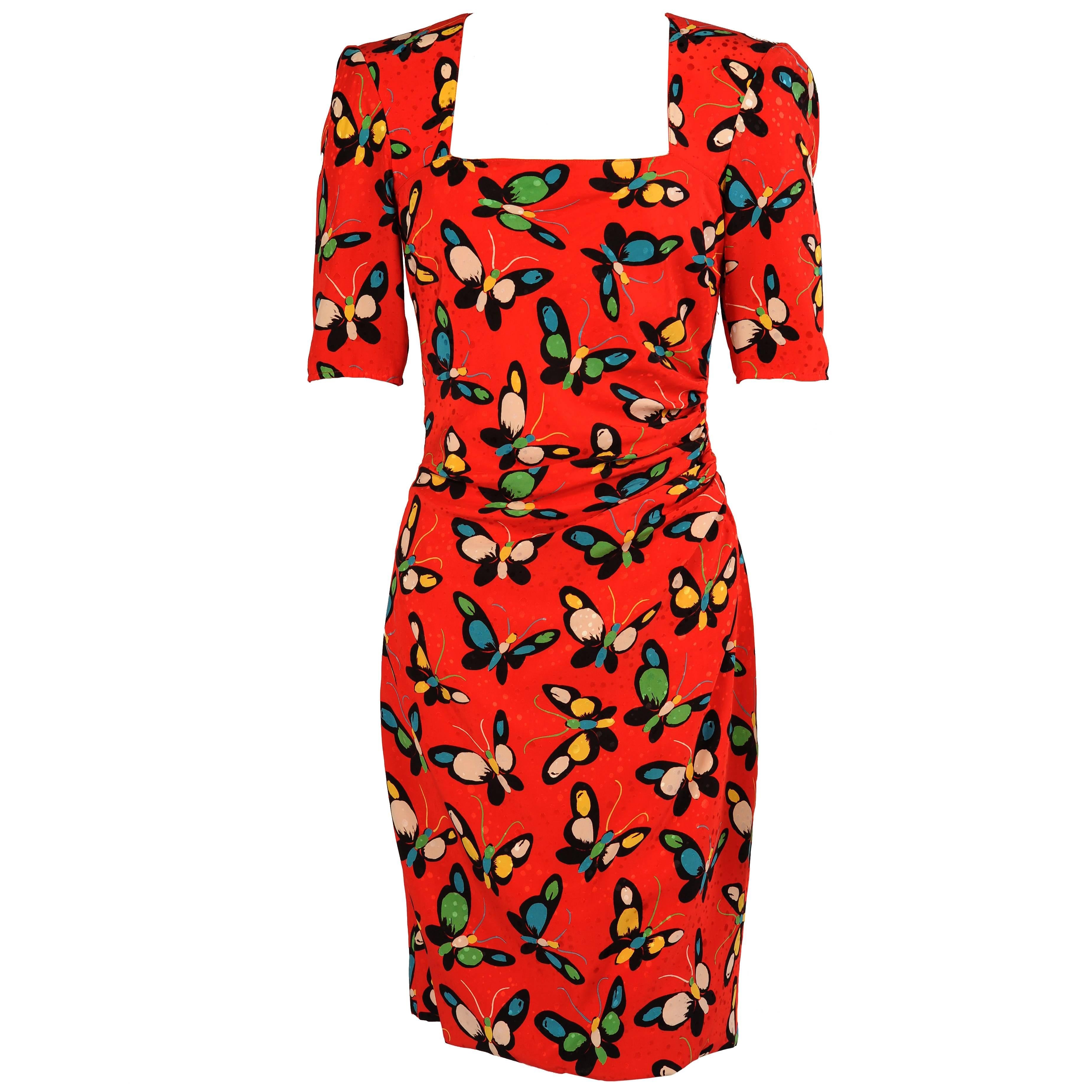 Ungaro Red Silk Butterfly Print Dress