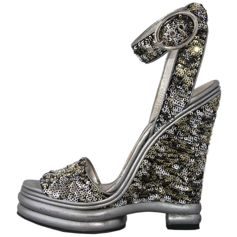 Dolce and Gabbana Silver Sequins Sandal 39 For Sale at 1stdibs