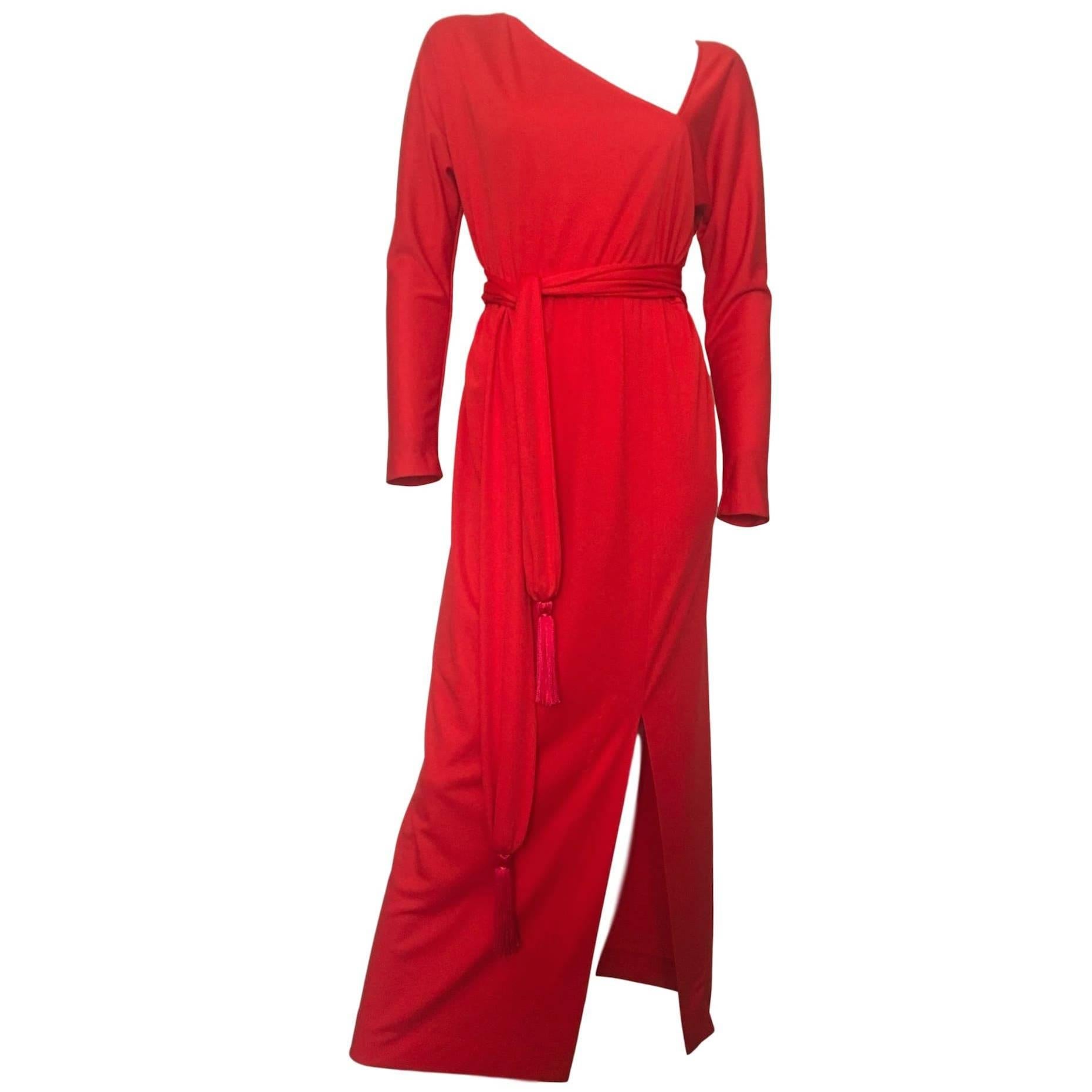 Victor Costa Red Hollywood Maxi Hostess Tassel Belt Dress For Sale