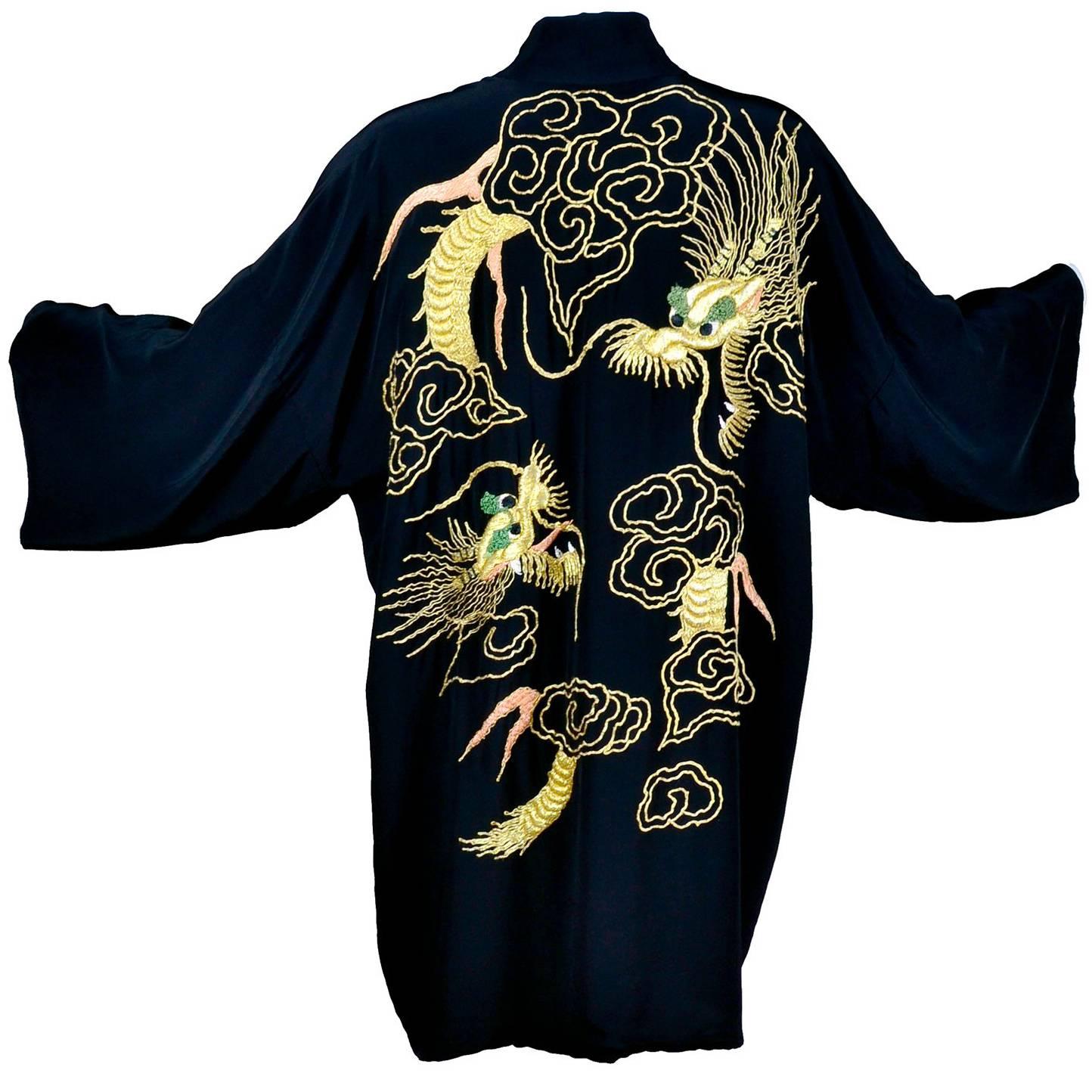 Vintage Black Silk Dragons Kimono with Thick Gold Metallic Embroidery