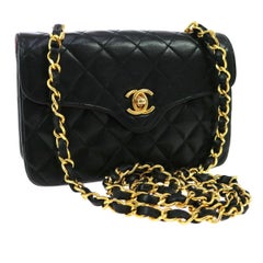 Chanel Quilted Black Lambskin Leather Gold Small Evening Flap Shoulder Bag