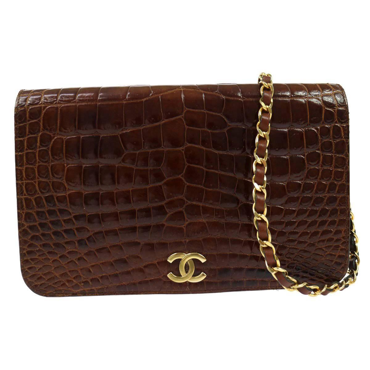Chanel Rare Vintage Crocodile Cognac Gold Evening 2 in1 Clutch Flap Shoulder Bag