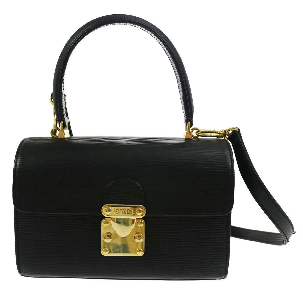 Fendi Black Epi Leather Gold Kelly Top Handle Satchel Shoulder Crossbody Bag