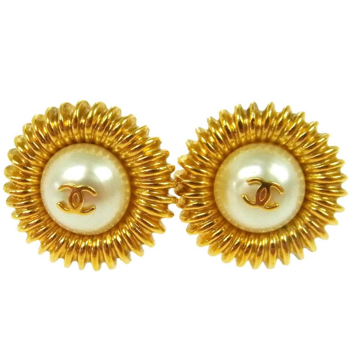 Chanel Vintage Gold Pearl Charm Sunburst Evening Stud Earrings 