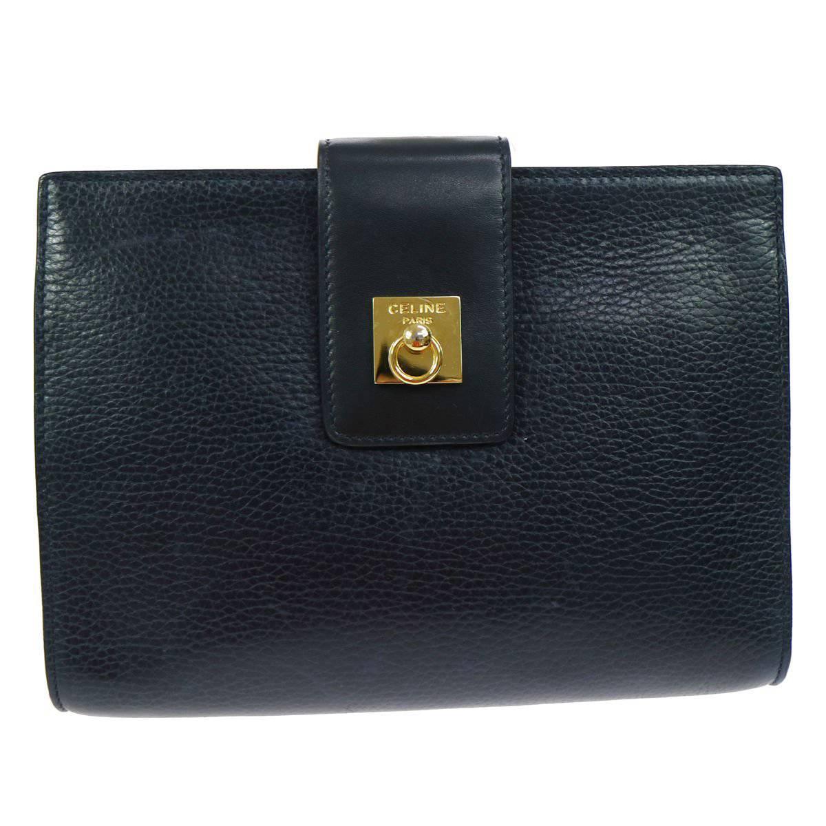 Celine Navy Blue Leather Toggle Gold Flap Evening Clutch Bag