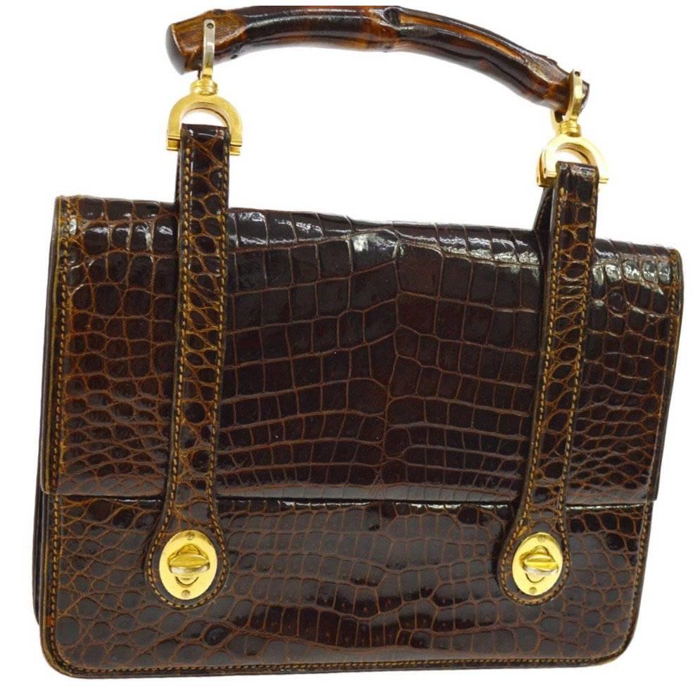 Gucci Vintage Cognac Bamboo Crocodile Evening Kelly Top Handle Satchel Flap Bag