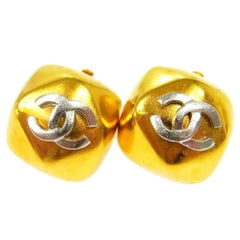 Chanel Vintage Two Tone Gold Ball Silver Charm Evening Stud Earrings 
