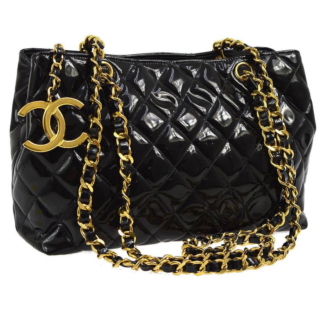 Chanel Black Quilted Patent Leather Gold Charm Carryall Evening Shoulder Bag