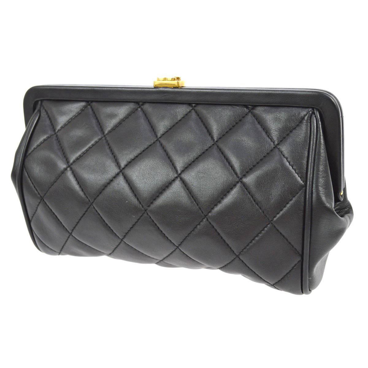 Chanel Black Quilted Lambskin Gold Charm Kisslock Evening Pouch Clutch Bag