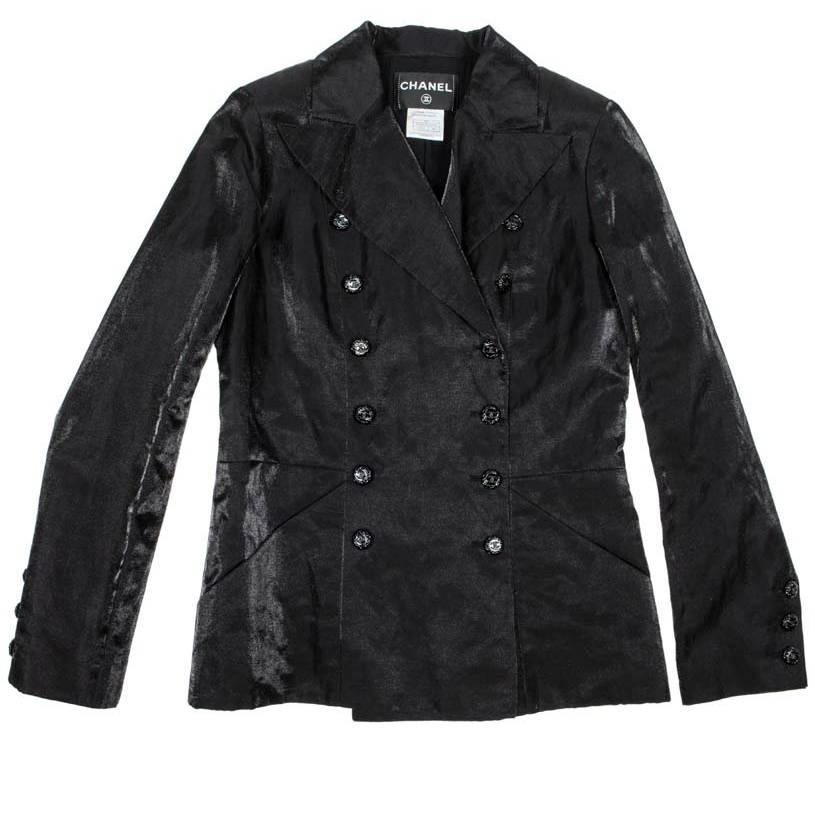 CHANEL Crossed Black and Shiny Linen Blazer Size 40FR For Sale