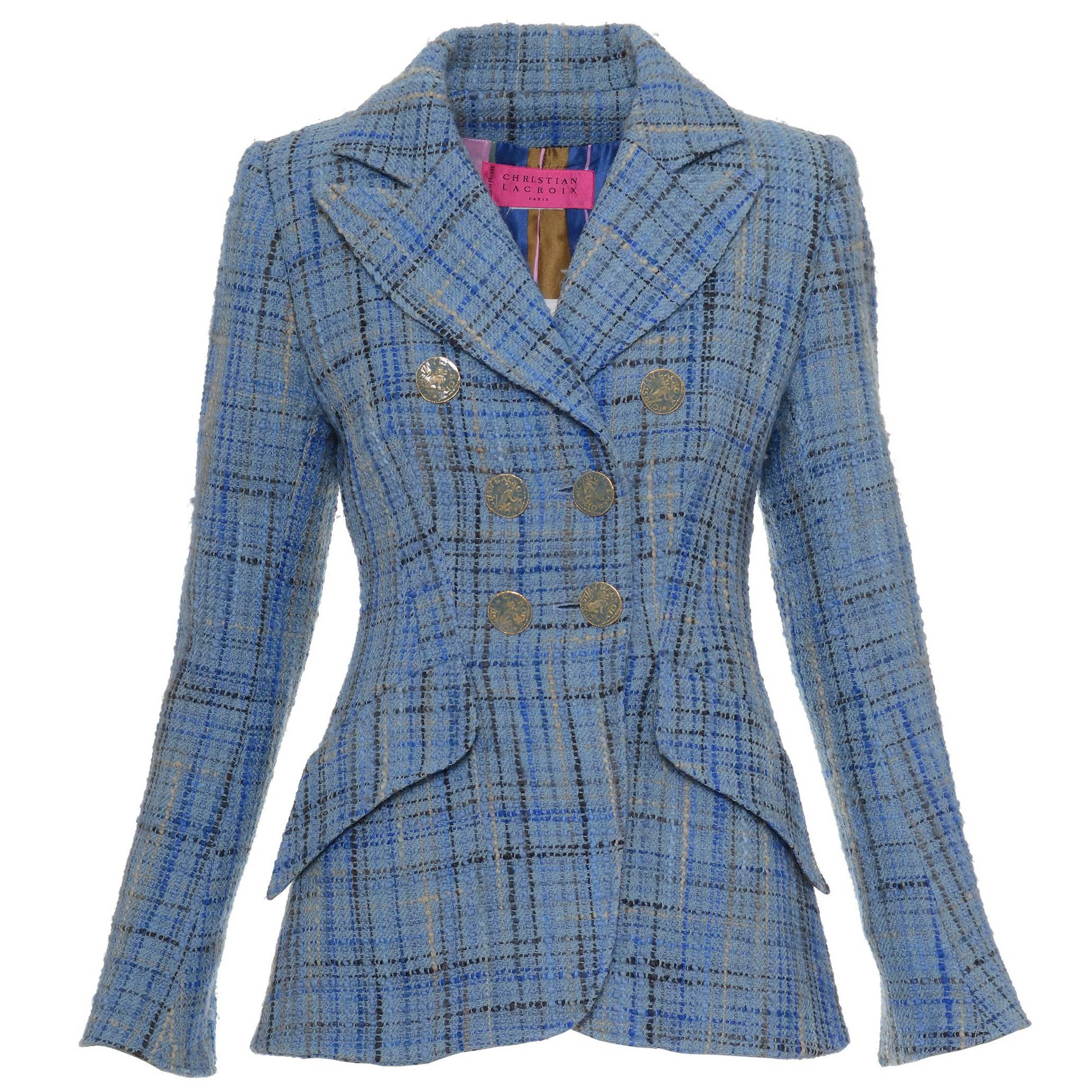 CHRISTIAN LACROIX Blue Winter Check Tweed Blazer Jacket 
