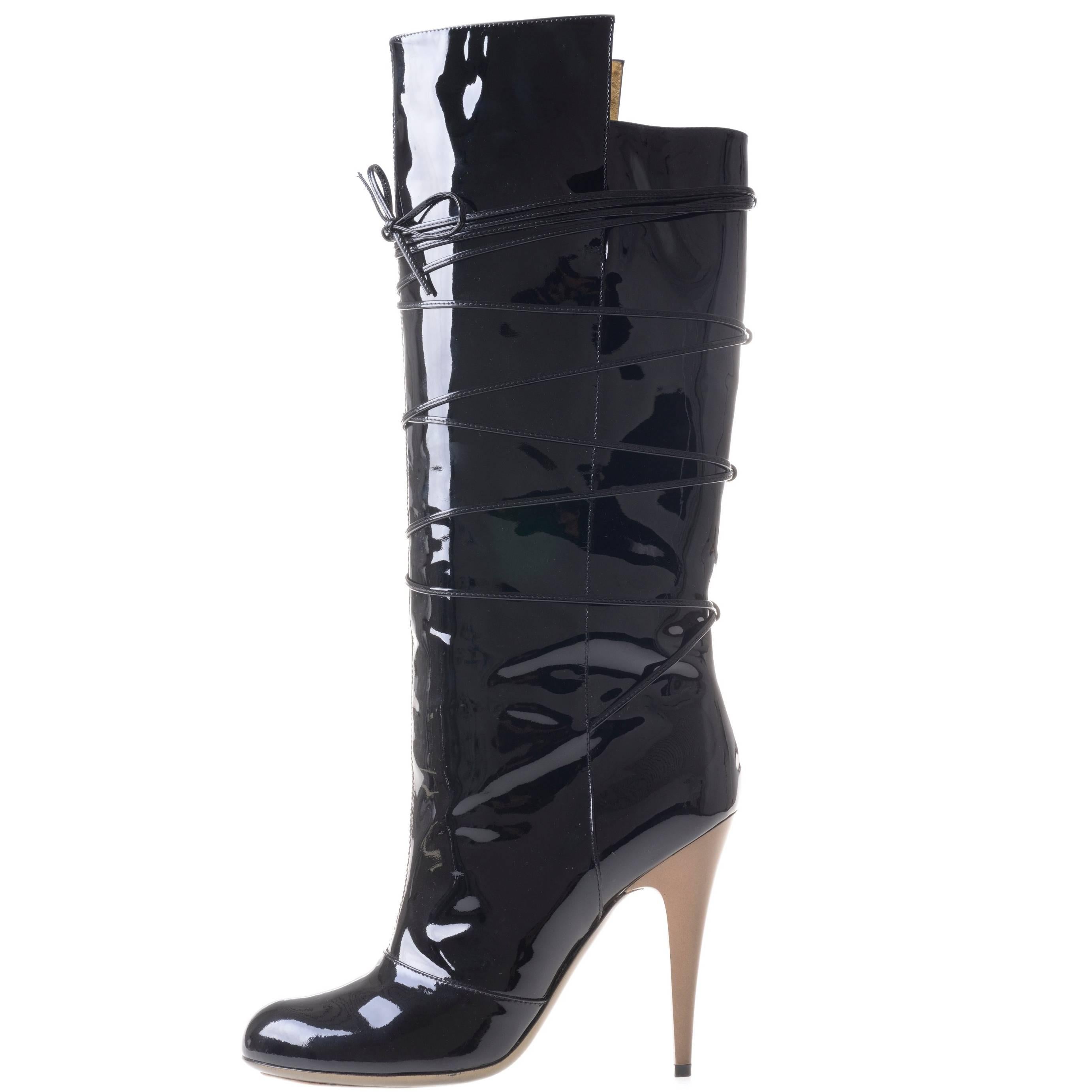 YVES SAINT LAURENT Rive Gauche Black Patent Leather Crisscross Lace Boots For Sale