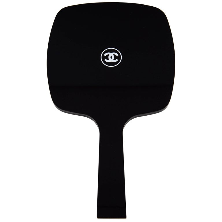 Chanel Black Resin CC Vanity Travel Handle Held Gift Mirror in Box For