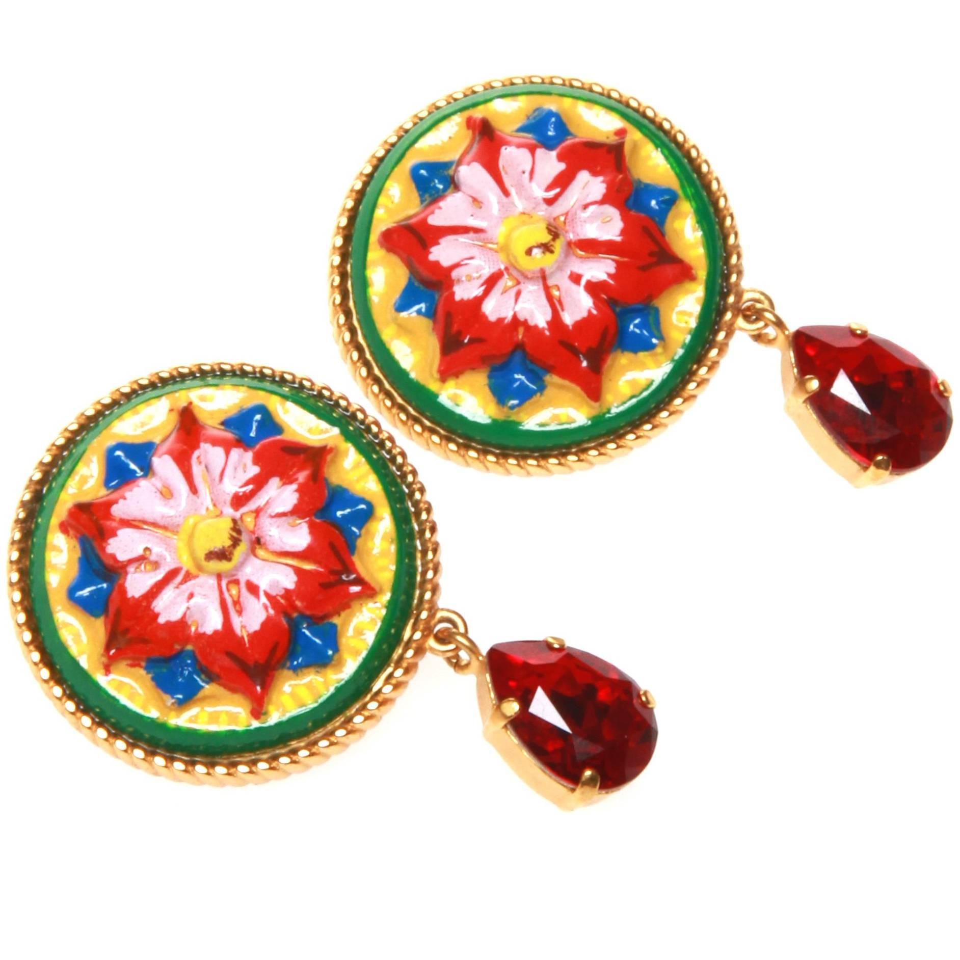 Dolce and Gabbana Painted Flower Clip-on Earrings  For Sale