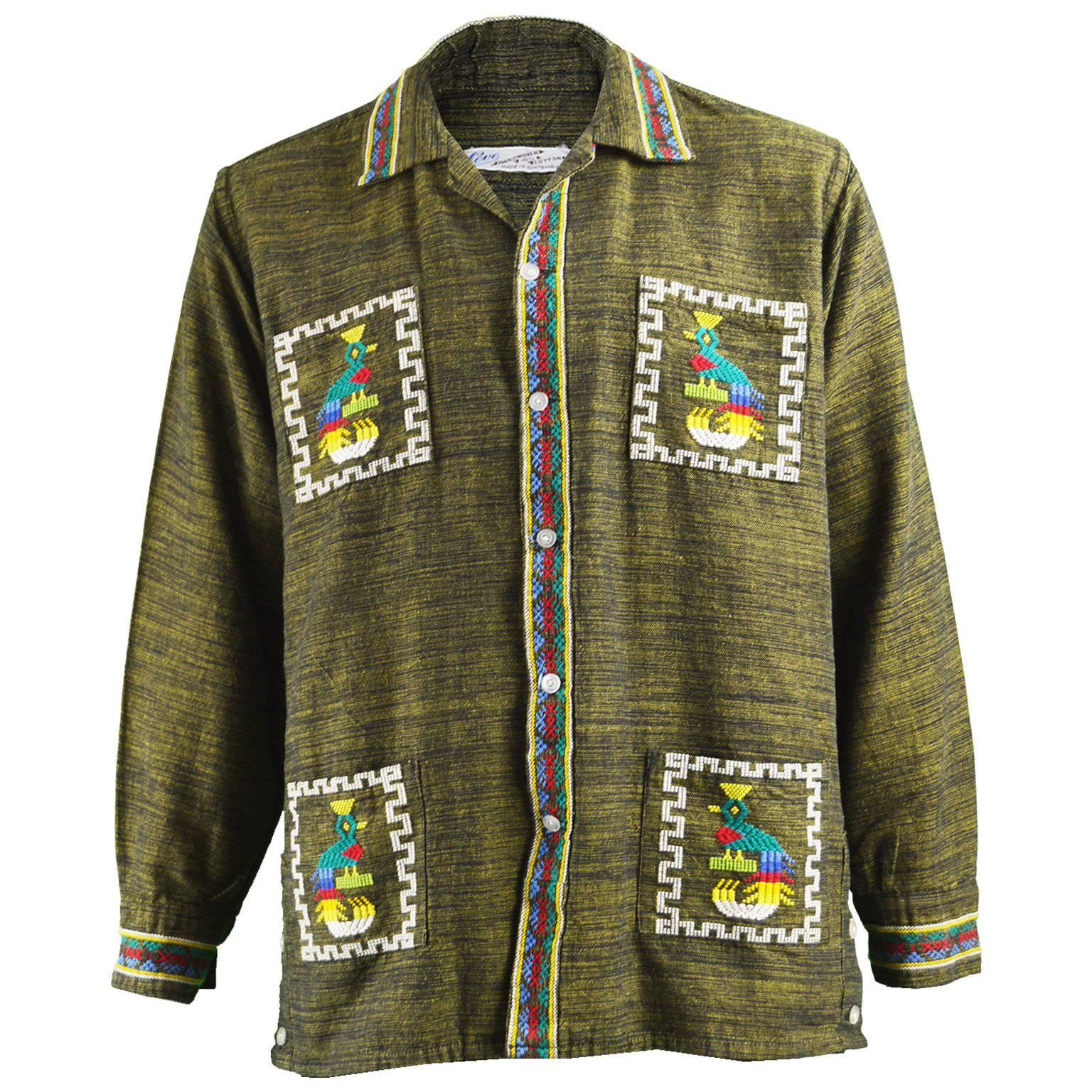 Vintage Men's 1960s Guatemalan Aztec Embroidered Handwoven Cotton Shirt
