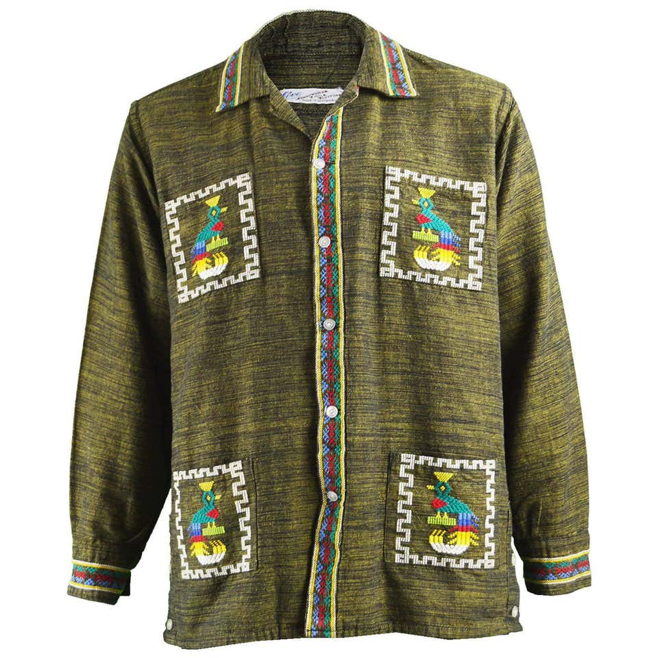 Vintage Men's 1960s Guatemalan Aztec Embroidered Handwoven Cotton Shirt ...