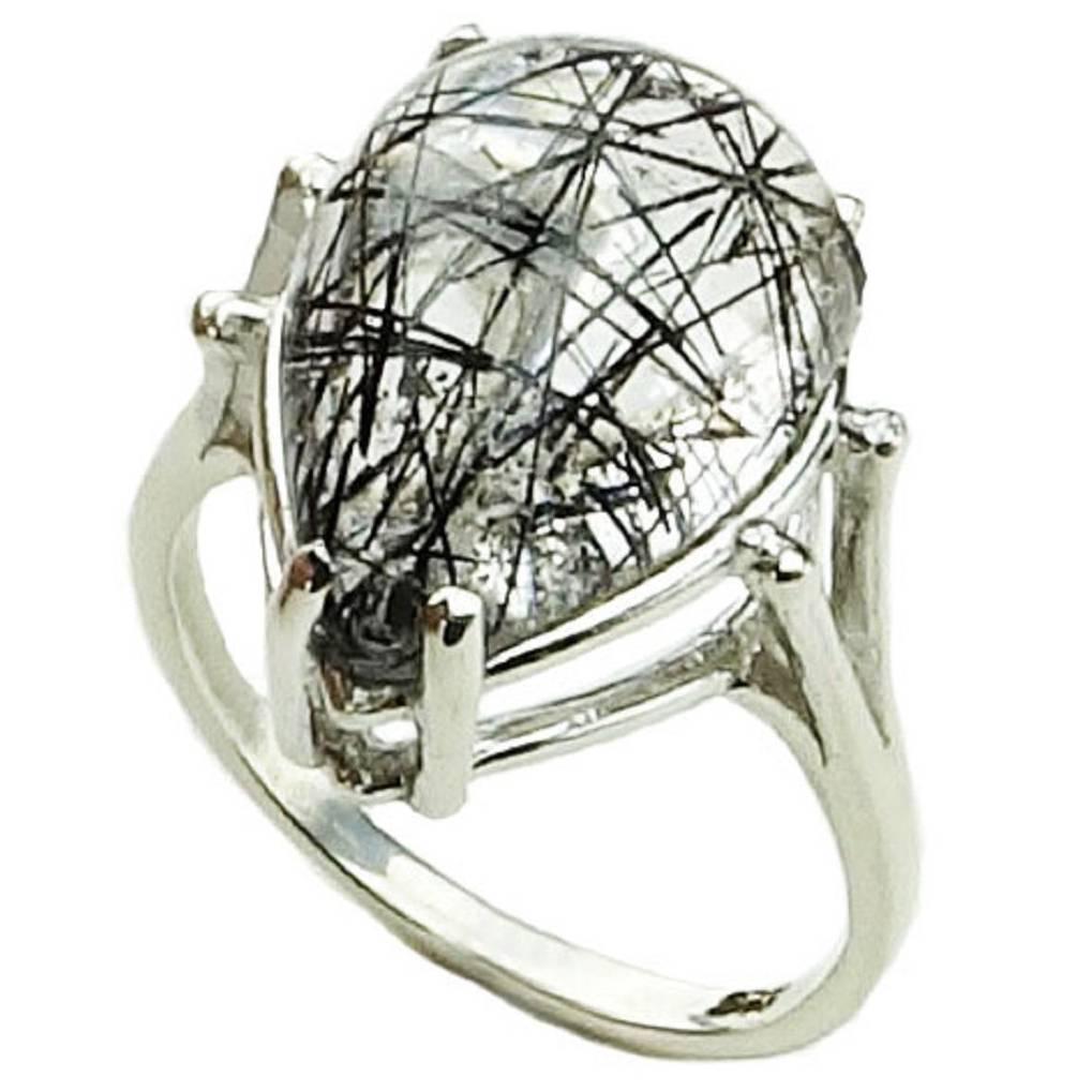 Tourmalinated Quartz Cabochon in Sterling Silver Ring