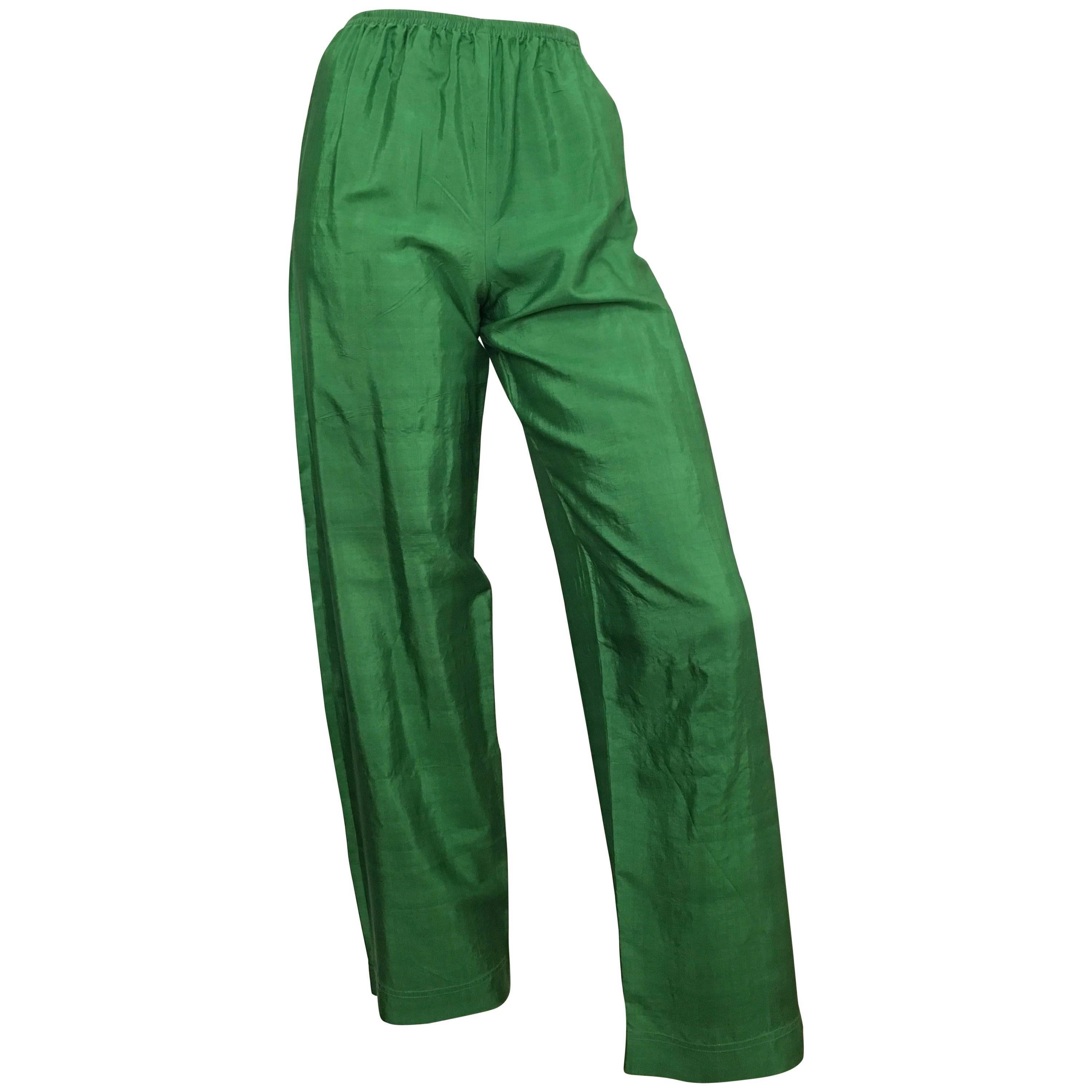 Saint Laurent Rive Gauche 1970s Green Silk Pants Size 4.