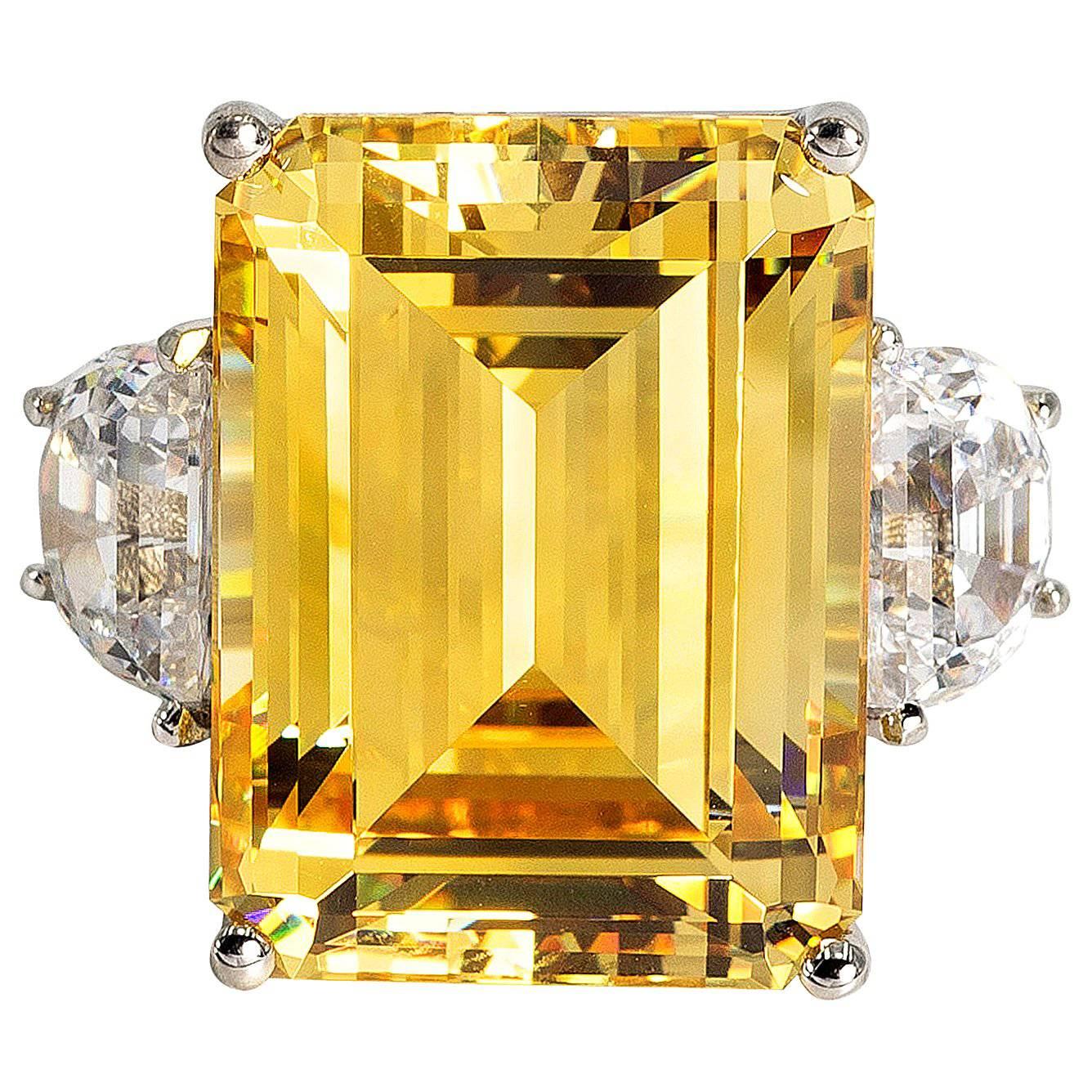 25 Carat Rectangular Step Cut Fancy Canary Yellow Cubic Zirconia Ring