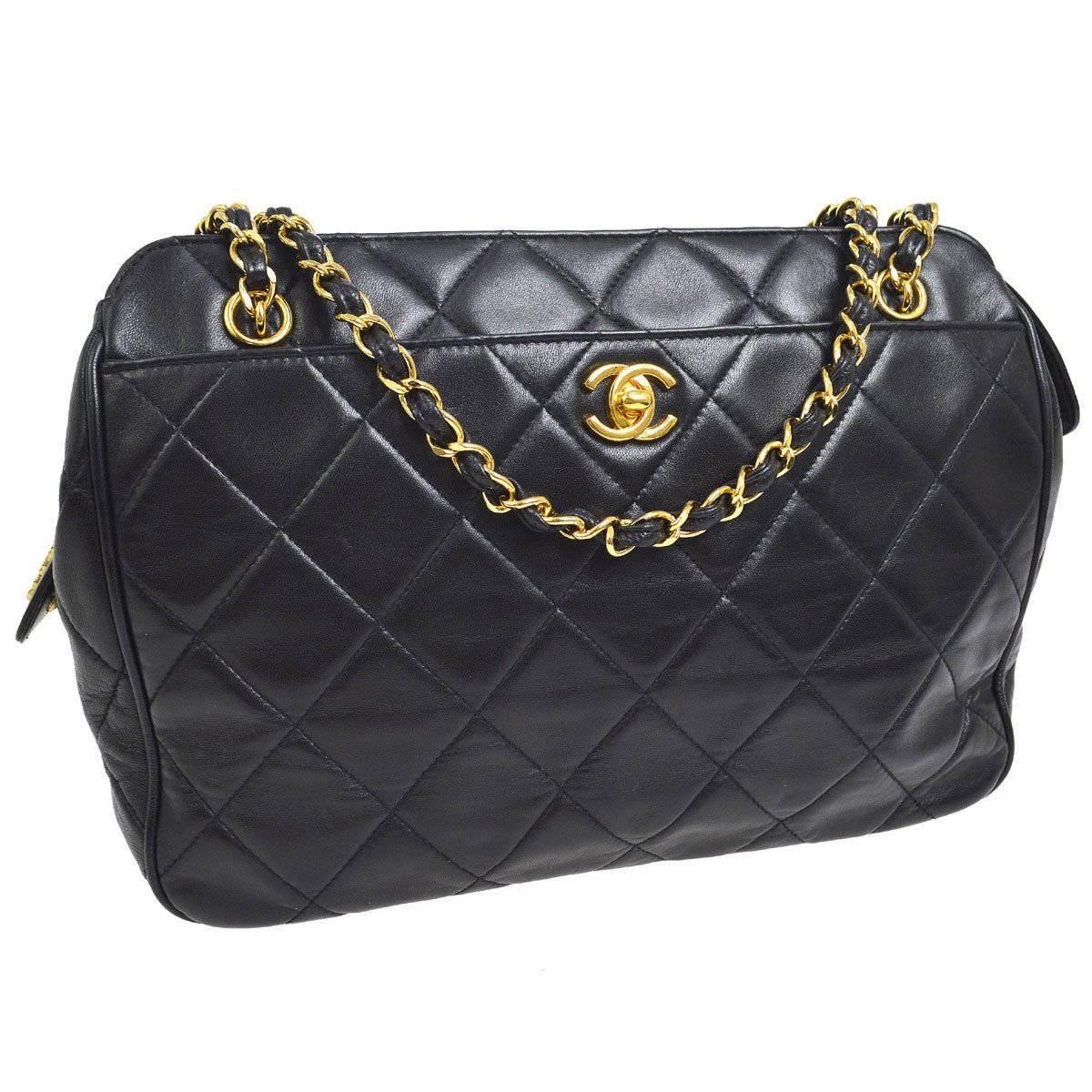 Chanel Black Lambskin Leather Quilted Carryall Evening Tote Shoulder Bag
