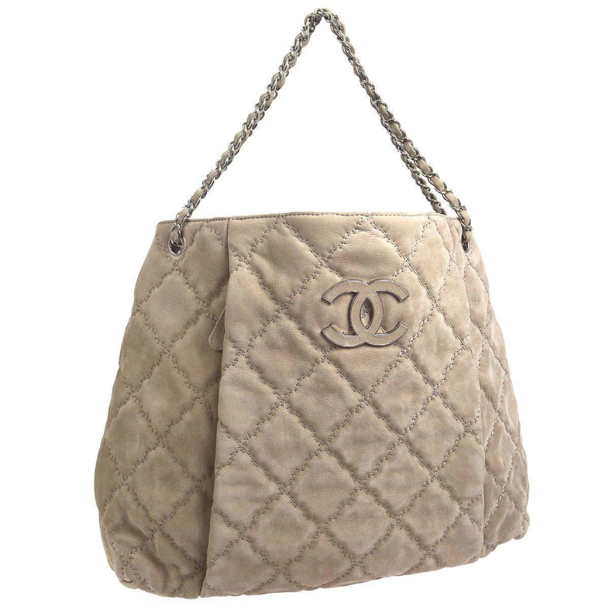 Chanel Nude Tan Suede Leather Silver Carryall Hobo Tote Shoulder Bag